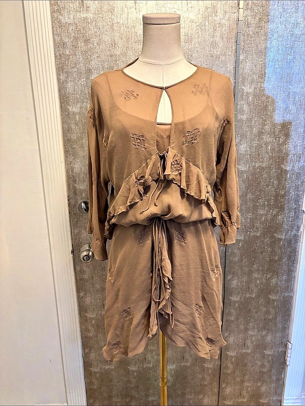 HH Haute Hippie Embroidered Ruffle Mini silk Dress in Brown, S